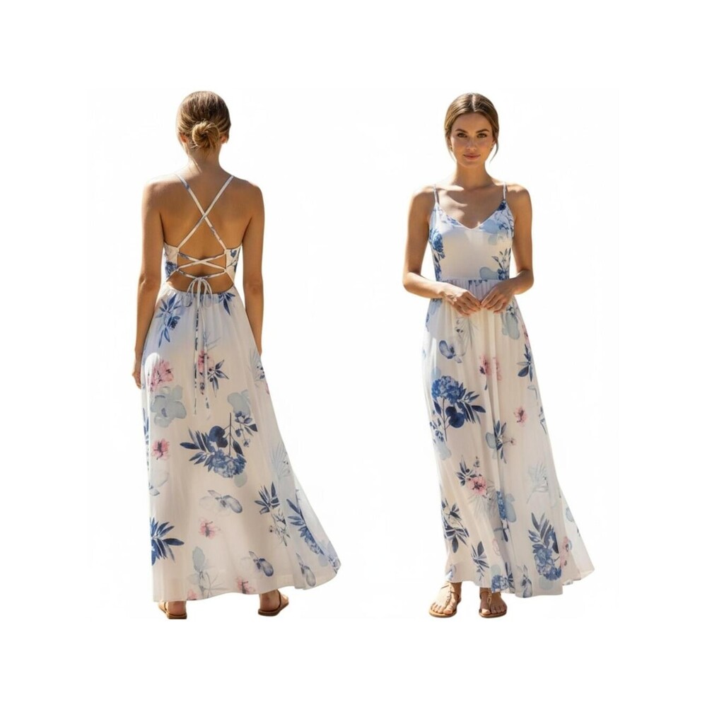 White Floral Maxi Dress Spaghetti Strap Halter Neck Criss Cross Back Slit